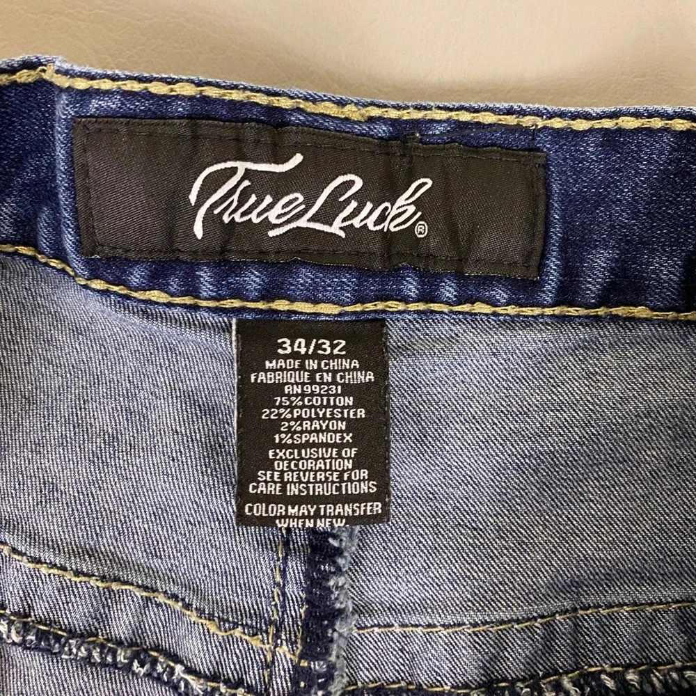 True Luck Jeans Men's Size 34x32 Blue Straight Leg Distressed Medium Wash Denim‎